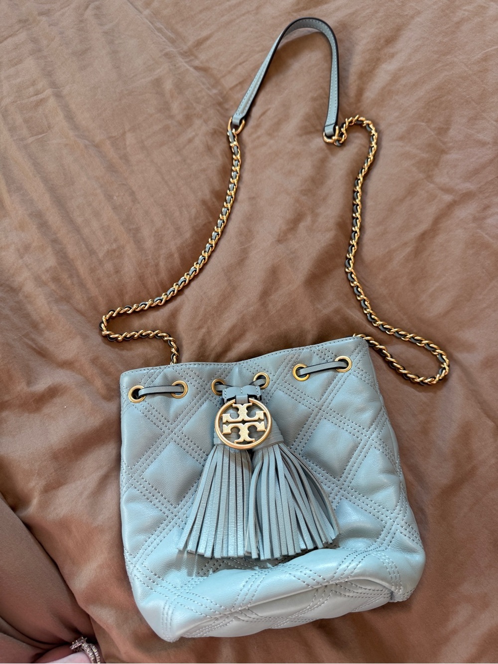Tory Burch Light Blue Quilted Tassel Chain Crossbody